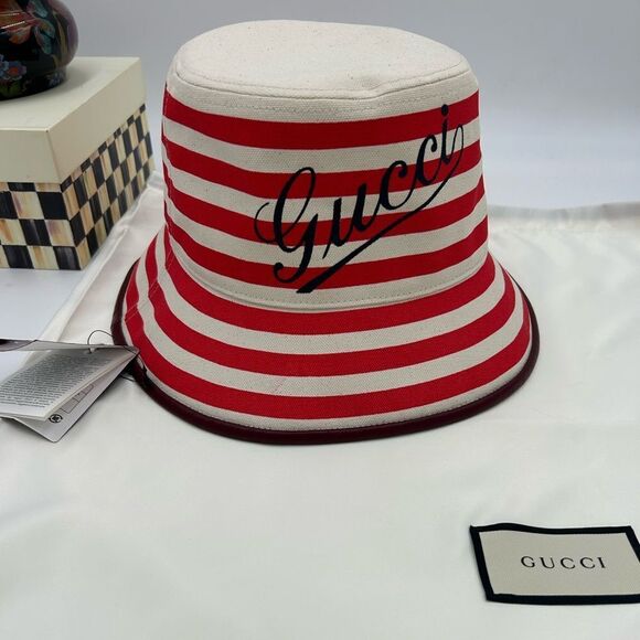 Gucci Accessories - Women's Gucci, striped canvas, bucket, hat, size large made in Italy